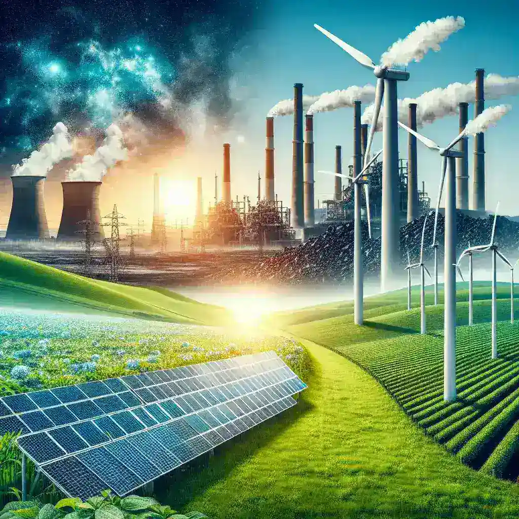 "Panorama de turbinas eólicas e painéis solares em um campo verdejante, simbolizando a revolução das energias renováveis e o impacto da tecnologia no setor energético, em um artigo sobre o futuro das energias sustentáveis."
